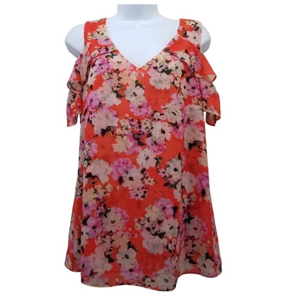 Cabi M Orange Floral LUSH Top Cold Shoulder Chiffon Sheer 5352 V Neck CL